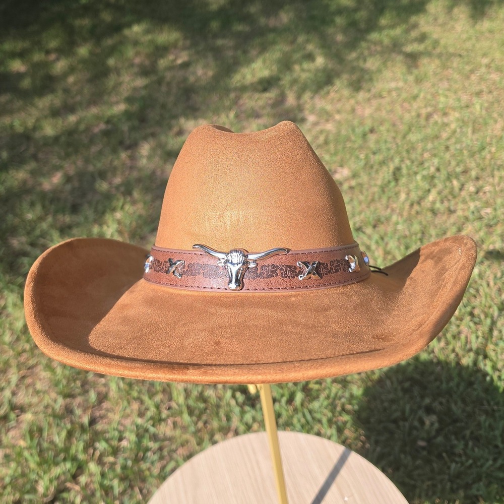 Eighty Eight Brand Faux Suede Cowboy Hat Camel Brown Longhorn Bull Studded Band
